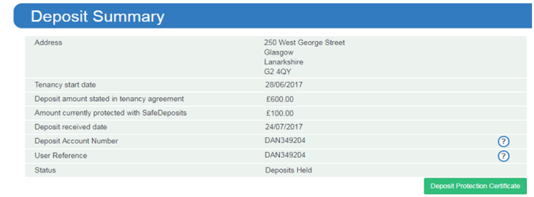 Edinburgh Letting Agent - Deposit Certificate